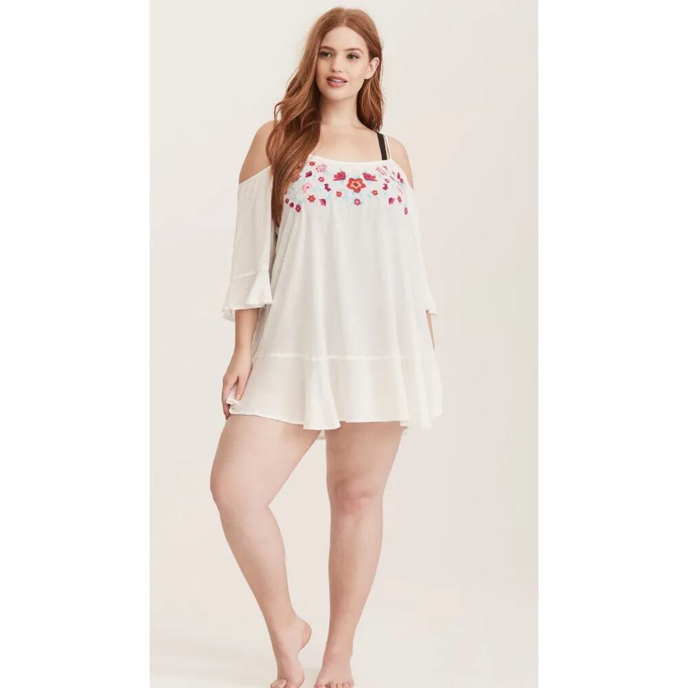 Torrid Ivory Floral Cold Shoulder Tunic Swim Cover-Up Dress Plus Size: 00X (10)